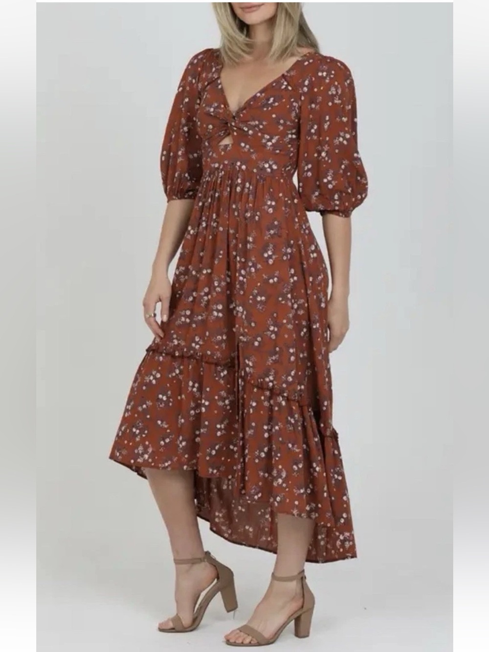 Angie Floral Rust V-Neck Twist Front Cut Out Hi-Low Slit Maxi Dress NWT Size Sm